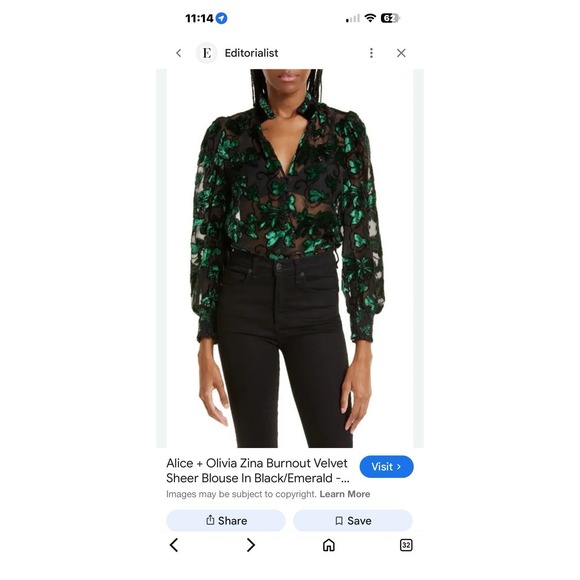 Alice + Olivia Zina Burnout Velvet Sheer Blouse In Black/Emerald Women's Large - Picture 4 of 14